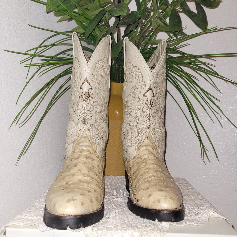 PISTOLERO Cream Ostrich Leather Cowboy/Cowgirl Boots Embroidery Size W9 Men 6